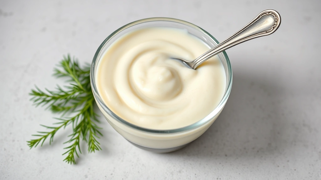 Creamy white and pale yellow horseradish sauce in a glass bowl with a silver spoon, fresh dill sprigs beside it, professional food photography lighting