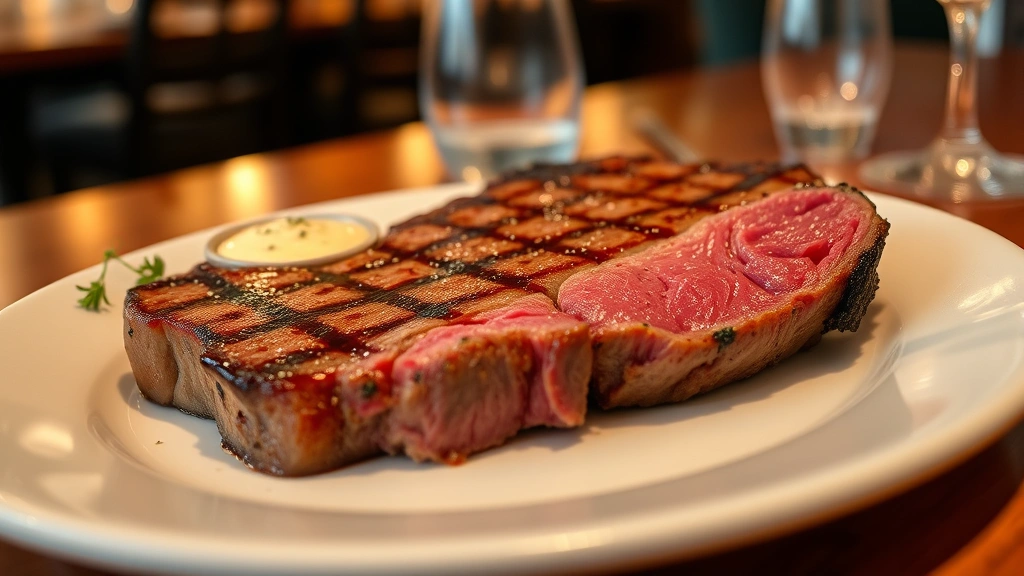 Prime rib steak on white plate with a small dollop of zesty horseradish sauce on the side, garnished with fresh herbs, warm restaurant-style lighting