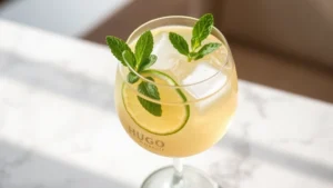A beautifully chilled Hugo Spritz cocktail in a large wine glass, pale golden color with fresh mint leaves and a lime wheel garnish, ice cubes visible, sitting on a white marble surface with soft natural lighting