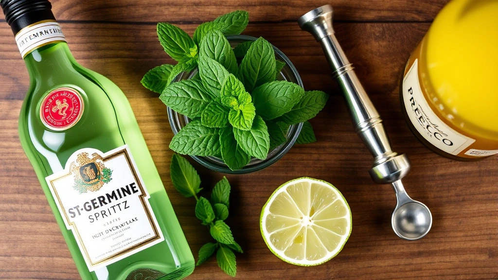 Close-up overhead view of ingredients for Hugo Spritz: St-Germain bottle, fresh mint leaves, lime cut in half with juice drops, prosecco bottle, and a jigger on a wooden bar counter