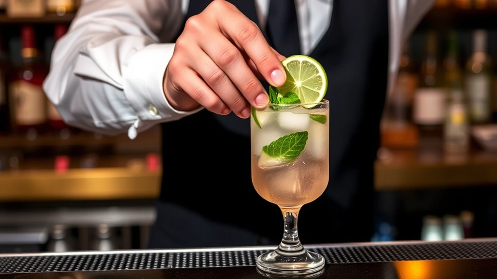 A bartender's hands carefully garnishing a Hugo Spritz with a fresh mint sprig and lime wheel, showing professional technique and attention to detail in a modern bar setting