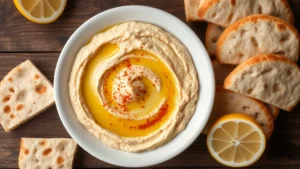 Overhead view of creamy hummus in a white bowl with olive oil drizzle, paprika garnish, and fresh pita bread arranged around it on a rustic wooden table with lemon halves