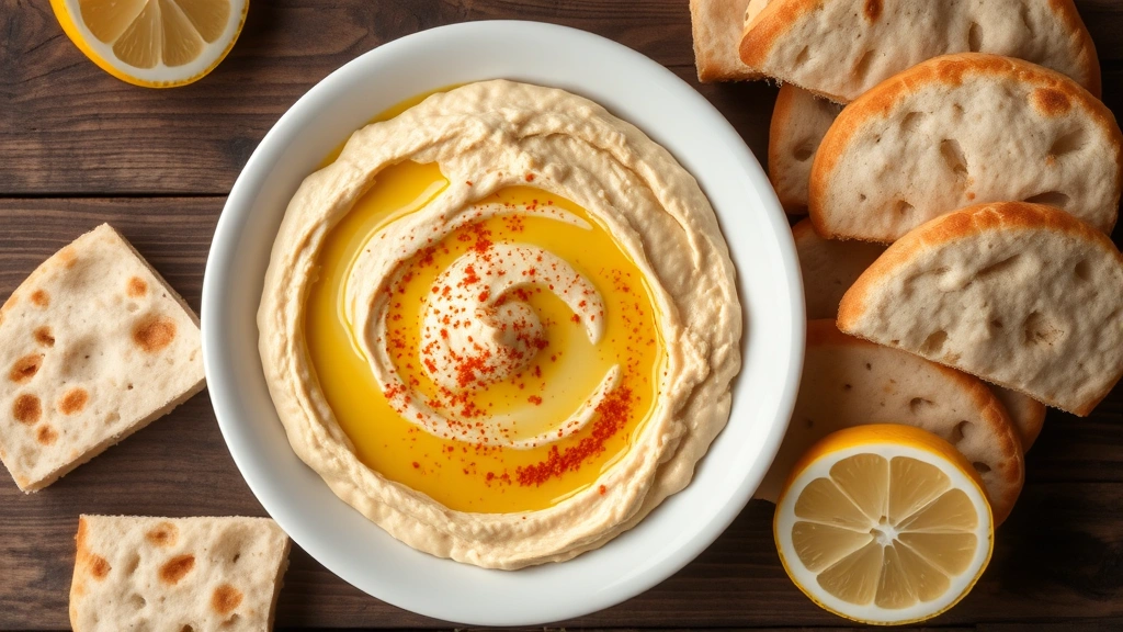 Overhead view of creamy hummus in a white bowl with olive oil drizzle, paprika garnish, and fresh pita bread arranged around it on a rustic wooden table with lemon halves