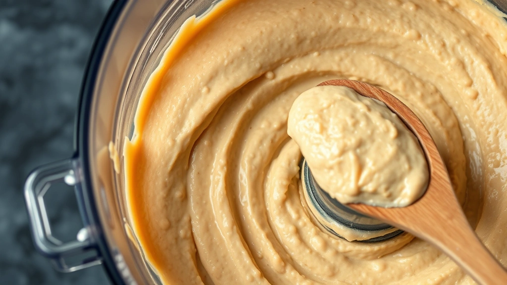 Close-up of a food processor bowl containing smooth, pale chickpea hummus being blended, showing creamy texture with a wooden spoon resting nearby