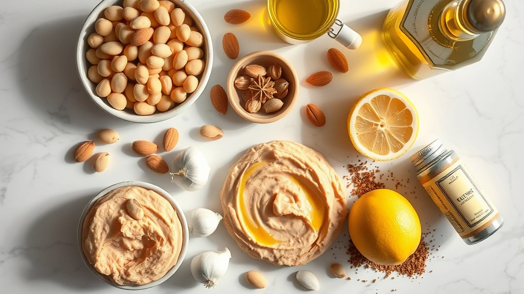Artistic flat lay composition featuring various tahini-free hummus ingredients: raw chickpeas, almond butter, sunflower seeds, garlic cloves, fresh lemon, olive oil bottle, and cumin spice on marble countertop with natural lighting