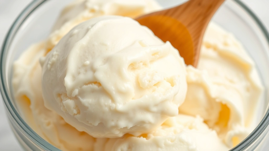 Close-up of creamy vanilla ice cream scoops in a glass bowl with a wooden spoon, soft natural lighting highlighting the smooth texture and glossy finish