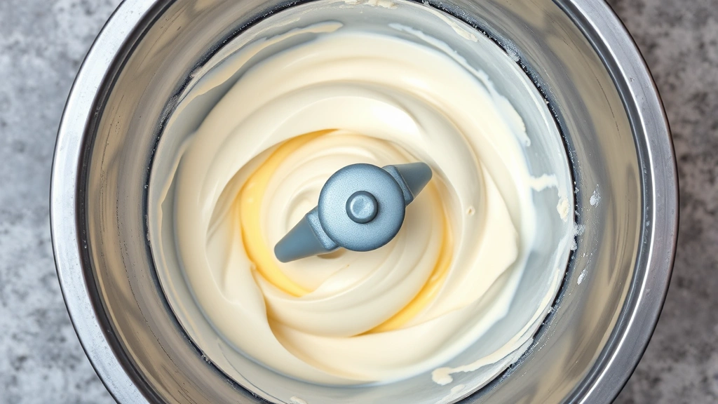 Overhead shot of an ice cream maker machine actively churning with vanilla ice cream mixture inside, bowl covered with frost, showing the churning paddle in action