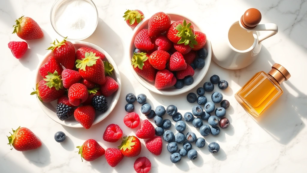 Artistic flat lay of fresh berries (strawberries, raspberries, blueberries), cream pitcher, sugar, and vanilla extract arranged on marble countertop with soft morning light