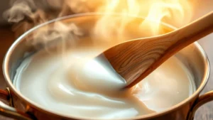 Rich vanilla ice cream base simmering in copper pot, steam rising, wooden spoon coating with custard, warm golden light