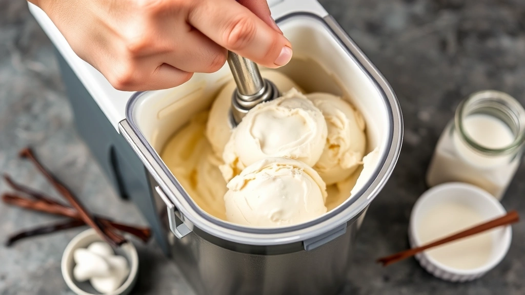 Hand-cranked ice cream maker with soft-serve consistency ice cream, metal dasher visible, fresh vanilla beans and cream beside it