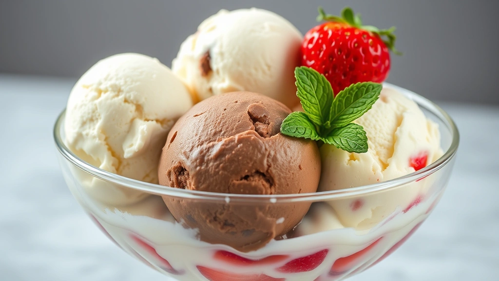Three scoops of homemade ice cream in glass bowl—vanilla, chocolate, and strawberry—with fresh berries and mint garnish, melting slightly