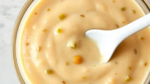 Professional overhead shot of creamy beige In-N-Out style sauce in a clear glass bowl, showing glossy, uniform texture with tiny pickle relish pieces visible throughout, white ceramic spoon resting in sauce, bright kitchen lighting, shallow depth of field