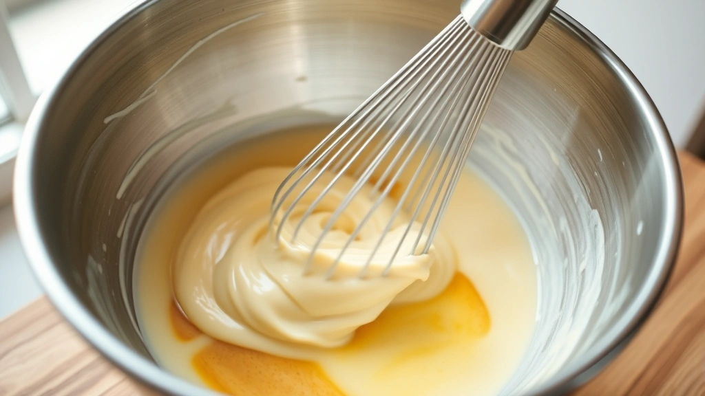 Close-up action shot of whisking mayonnaise-based sauce ingredients together in a stainless steel mixing bowl, dynamic motion blur on whisk, ingredients partially blended showing color variation, natural daylight from window, food photography style