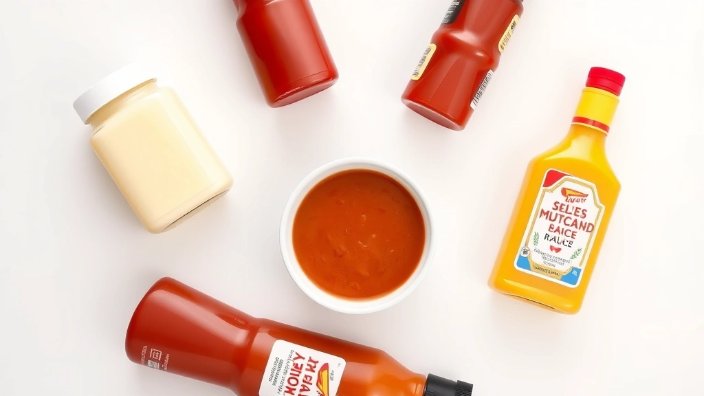 Flat lay composition of five ingredient containers arranged around a finished bowl of In-N-Out sauce: mayo jar, ketchup bottle, relish jar, mustard bottle, Worcestershire sauce bottle, small white bowl of finished sauce in center, minimalist styling, clean white background
