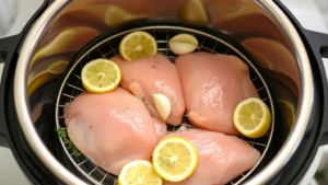 Raw boneless chicken breasts arranged on an Instant Pot steaming rack with fresh lemon slices, garlic cloves, and fresh thyme sprigs scattered around, inside the open stainless steel pressure cooker pot, bright kitchen lighting