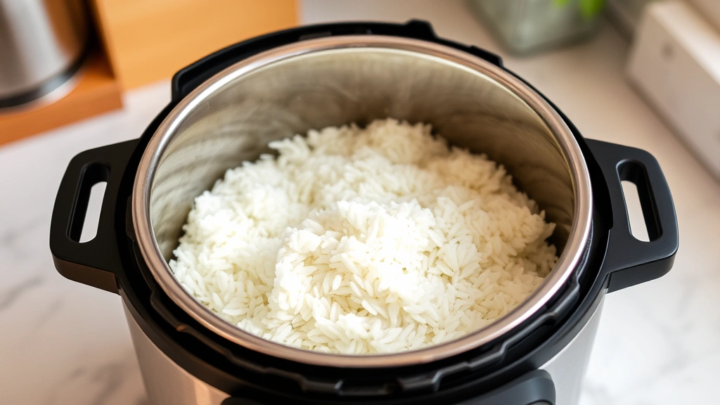 Instant Pot with open lid showing perfectly cooked fluffy white rice grains separated and light, steam rising, warm kitchen lighting, rice evenly distributed in stainless steel pot
