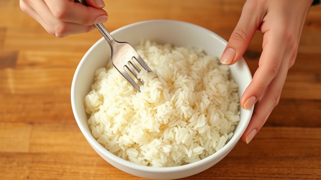 Hands using a fork to gently fluff cooked rice in a white ceramic bowl, individual grains visible and separated, soft warm lighting, wooden table background