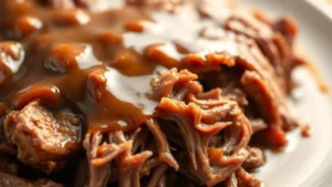Close-up of tender, shredded Italian beef with rich brown gravy coating the meat, glistening under warm lighting, steam rising slightly, showing the moisture and tenderness of perfectly cooked chuck roast