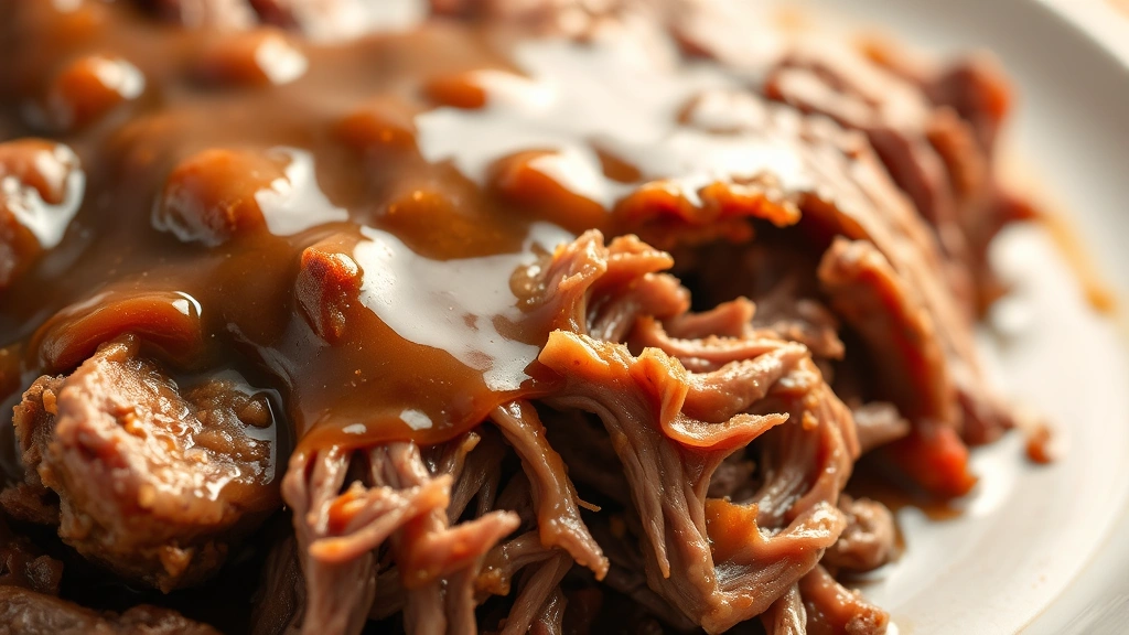Close-up of tender, shredded Italian beef with rich brown gravy coating the meat, glistening under warm lighting, steam rising slightly, showing the moisture and tenderness of perfectly cooked chuck roast
