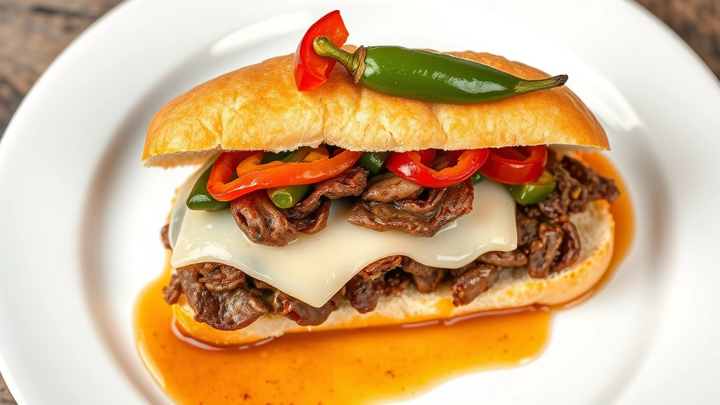 Overhead shot of a cross-section of a fully assembled Italian beef sandwich with melted provolone cheese, sautéed bell peppers and hot peppers on top, crusty toasted roll, with gravy dripping down the sides onto a white plate
