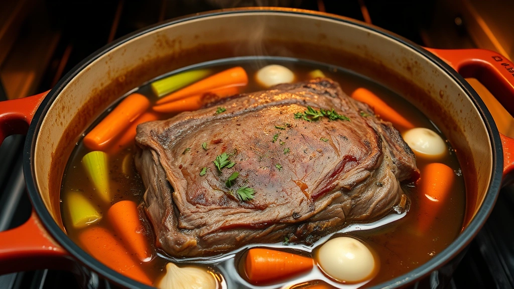 Wide shot of a simmering Dutch oven containing beef chuck roast partially submerged in aromatic braising liquid with visible carrots, celery, onions, and fresh herbs floating on top, steam visible, warm oven glow in background