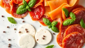 Close-up overhead view of sliced Italian cured meats including prosciutto, mortadella, and capicola arranged on white marble surface with fresh mozzarella and provolone cheese slices, garnished with fresh basil leaves and peppercorns, professional food photography lighting