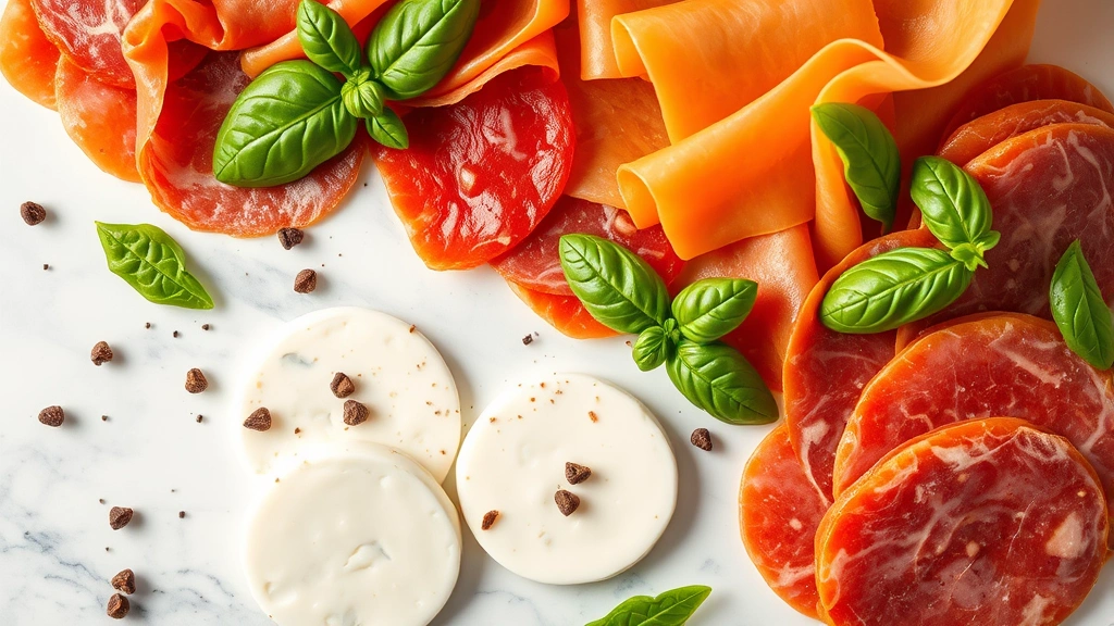 Close-up overhead view of sliced Italian cured meats including prosciutto, mortadella, and capicola arranged on white marble surface with fresh mozzarella and provolone cheese slices, garnished with fresh basil leaves and peppercorns, professional food photography lighting