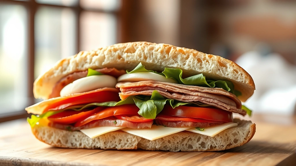 Artfully layered Italian sandwich in cross-section showing distinct layers of roasted red peppers, fresh mozzarella, cured meats, aged provolone, crisp lettuce, and tomato slices in a rustic Italian hoagie roll, warm natural lighting from window, shallow depth of field