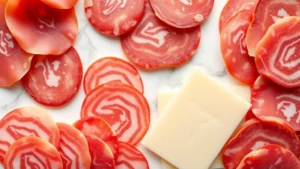 Close-up overhead shot of thinly sliced Italian cured meats including capicola, mortadella, and salami arranged on a white marble surface with fresh provolone cheese slices, showing marbling and texture details