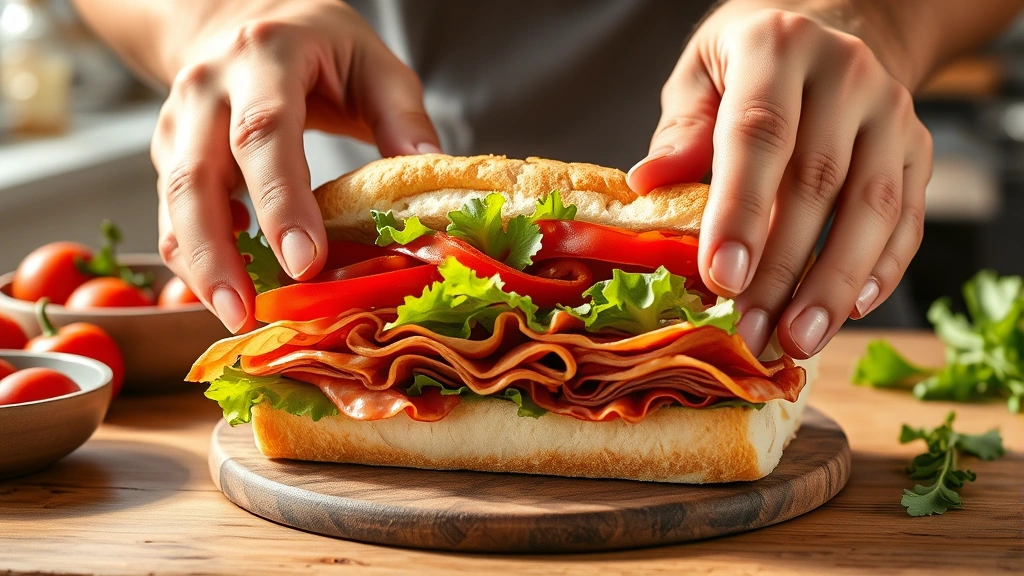 Hands assembling a fresh Italian sub sandwich, layering sliced roasted red peppers and crisp lettuce over folded cured meats on a rustic Italian hoagie roll, bright natural kitchen lighting