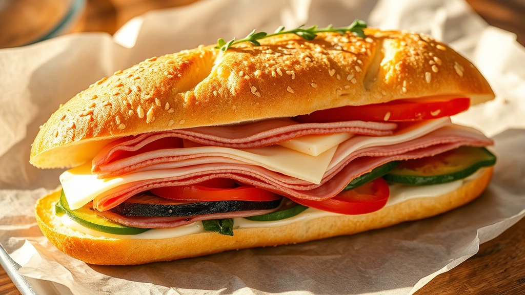 Finished Italian sub sandwich cut diagonally on parchment paper, cross-section visible showing all layers of meats, cheese, vegetables and roasted peppers, garnished with fresh oregano sprigs, warm afternoon lighting