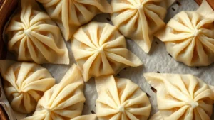 Close-up overhead shot of freshly folded Japanese mounjaro dumplings arranged on a bamboo steamer lined with parchment paper, showing intricate pleated edges and translucent wrappers with golden-hued filling visible through the thin dough, steam wisping around them