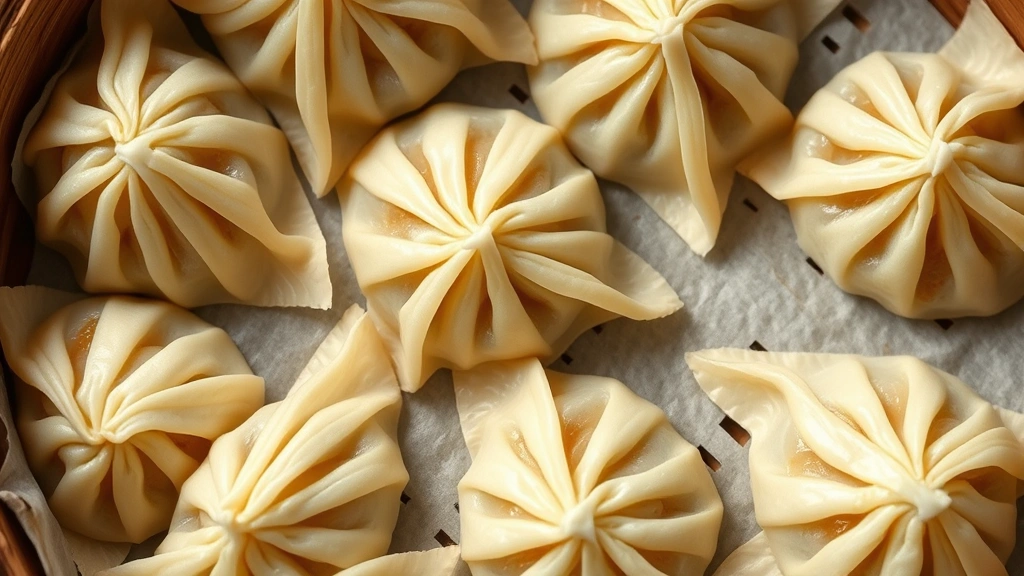 Close-up overhead shot of freshly folded Japanese mounjaro dumplings arranged on a bamboo steamer lined with parchment paper, showing intricate pleated edges and translucent wrappers with golden-hued filling visible through the thin dough, steam wisping around them