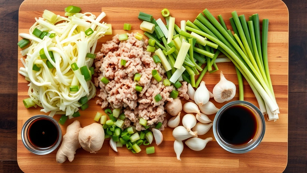 Flat lay of raw mounjaro filling ingredients laid out individually on a wooden cutting board: minced napa cabbage, ground pork, sliced green onions, fresh ginger root, garlic cloves, and small bowls of soy sauce and sesame oil, natural lighting