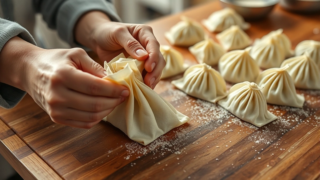 Action shot of hands folding mounjaro dumplings at a wooden work surface, showing the intermediate pleated pouch technique mid-motion with filled wrapper, several completed mounjaro in background, dusted with cornstarch, warm kitchen lighting