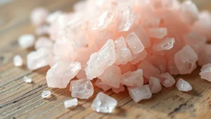 Close-up of delicate pink salt crystals on a wooden surface with soft natural lighting, showing the mineral texture and pale pink coloring