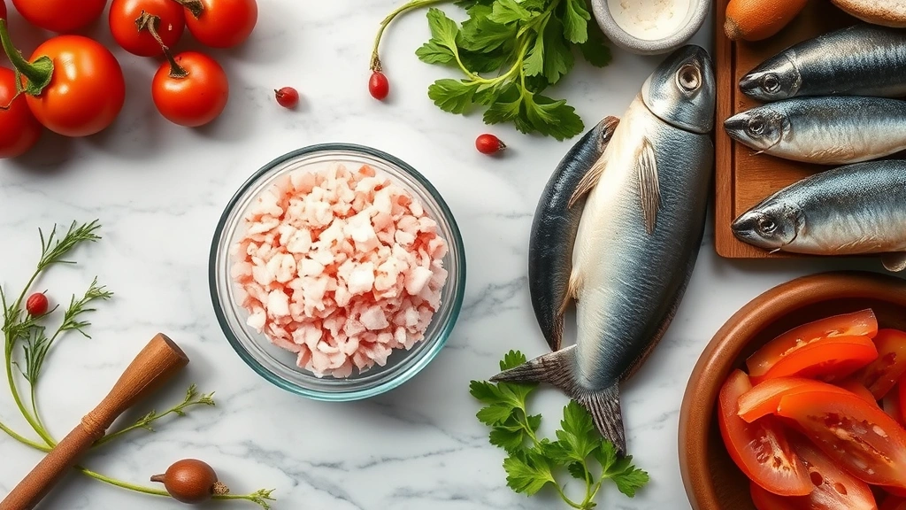 Overhead flat lay of Japanese pink salt in a glass bowl next to fresh vegetables, seafood, and cooking ingredients arranged artfully on marble countertop