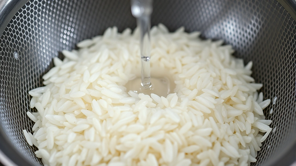Close-up of jasmine rice grains being rinsed under running water in a fine-mesh strainer, water flowing over white rice, professional kitchen lighting, showing the rinsing process clearly