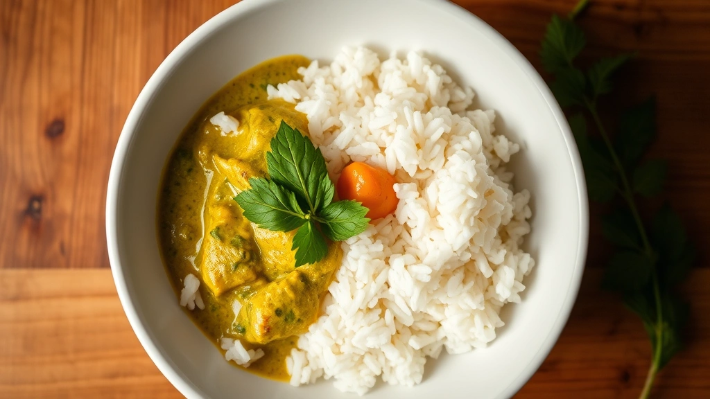 Overhead shot of fluffy jasmine rice served in a white bowl alongside a small portion of Thai green curry, aromatic presentation, warm ambient lighting, food styling on wooden surface