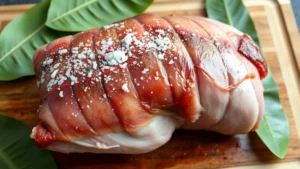 Whole pork shoulder rubbed with coarse sea salt, scored skin glistening, ready for cooking on a wooden cutting board with fresh banana leaves nearby