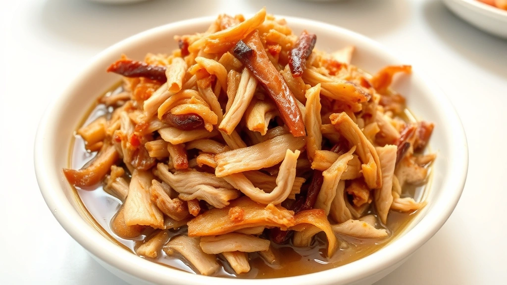 Shredded kalua pork piled high in a white ceramic bowl, steam rising, glistening with rendered fat and cooking liquid, showing perfect tender texture
