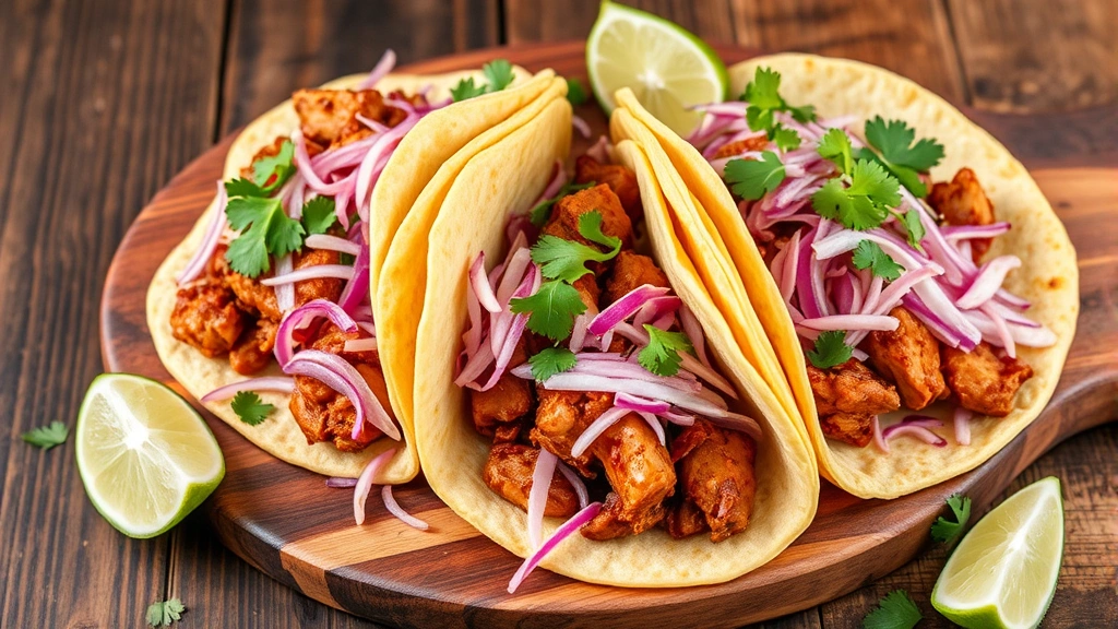 Kalua pork tacos served on a rustic wooden board with shredded cabbage, pickled onions, lime wedges, and cilantro garnish, vibrant and appetizing