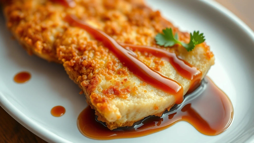Close-up of golden-brown crispy pork katsu cutlet on white plate with glossy brown katsu sauce drizzled artfully, garnish of fresh parsley, soft natural lighting from above, shallow depth of field, professional food photography style