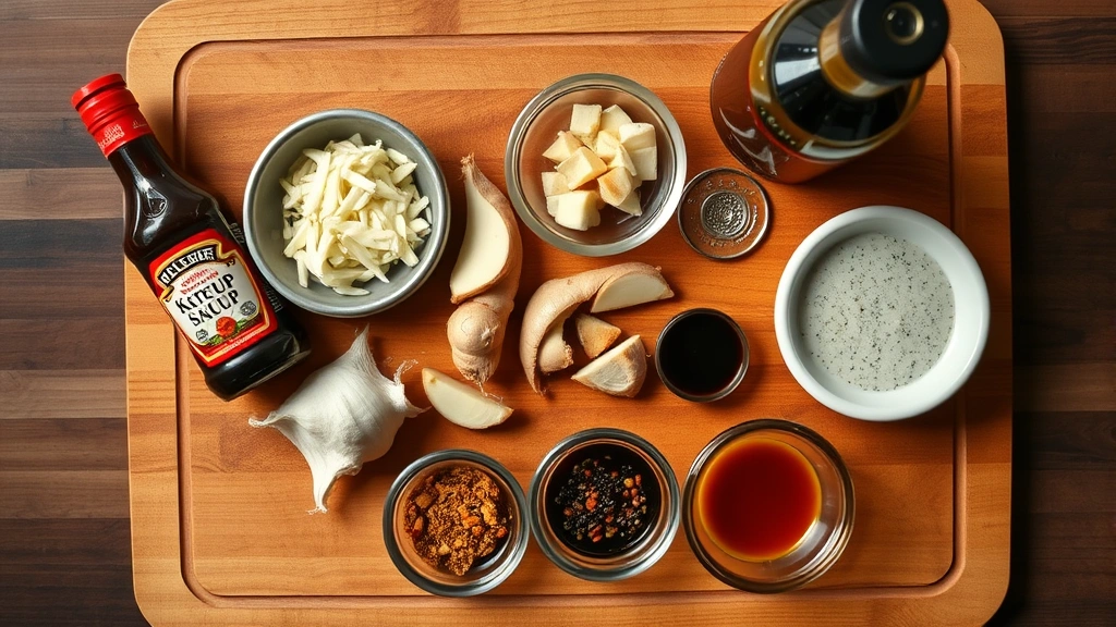 Overhead shot of ingredients for katsu sauce arranged on wooden cutting board: bottle of Worcestershire sauce, ketchup jar, soy sauce bottle, fresh minced garlic and ginger, oyster sauce, vinegar bottle, spices in small bowls, warm kitchen lighting