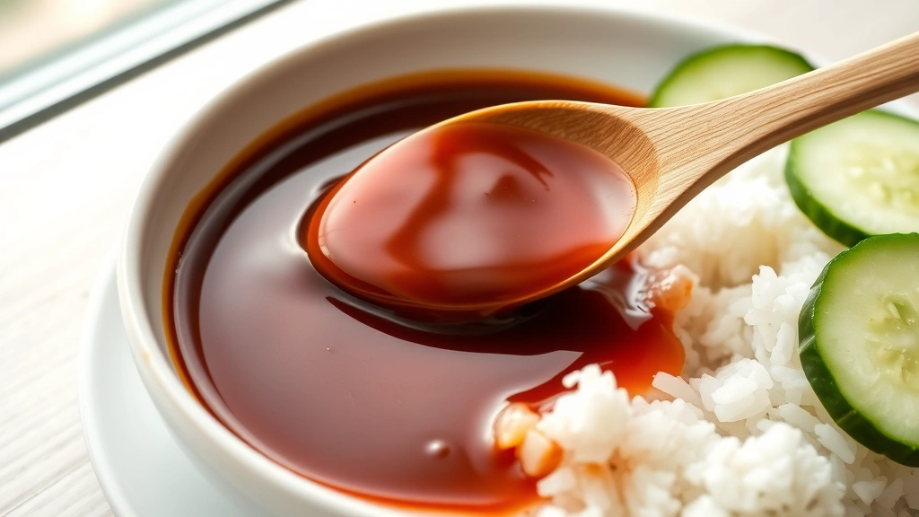 Wide shot of finished katsu sauce in white ceramic bowl with wooden spoon, sauce coating back of spoon showing perfect glossy consistency, fresh steamed rice and sliced cucumber on side, minimalist plating, natural window lighting