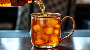Close-up of amber bourbon being poured into a copper mule mug filled with clear ice cubes, golden liquid catching light, professional bar setting