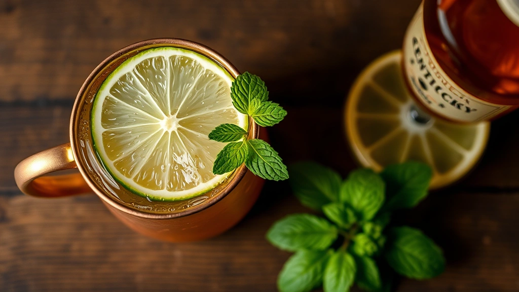 Overhead shot of completed Kentucky Mule cocktail in copper mug with fresh lime wheel garnish, ginger beer creating visible carbonation bubbles, mint sprig beside glass