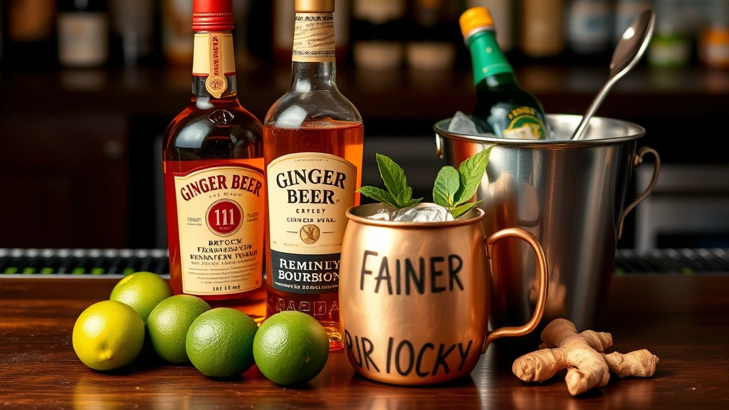 Artfully arranged ingredients for Kentucky Mule: fresh limes, bottle of premium bourbon, ginger beer bottle, ice bucket, copper mug, bar spoon, and fresh ginger root on dark wooden bar counter