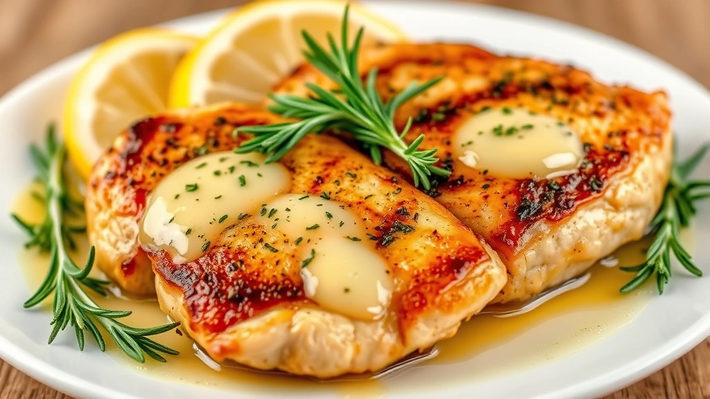 Golden-brown pan-seared chicken thighs with herb butter pooling around edges, garnished with fresh rosemary sprigs and lemon wedges on white plate