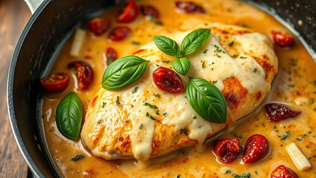Creamy Tuscan chicken breast in rich sauce with sun-dried tomatoes, fresh basil leaves, and melted parmesan cheese, steam rising from skillet
